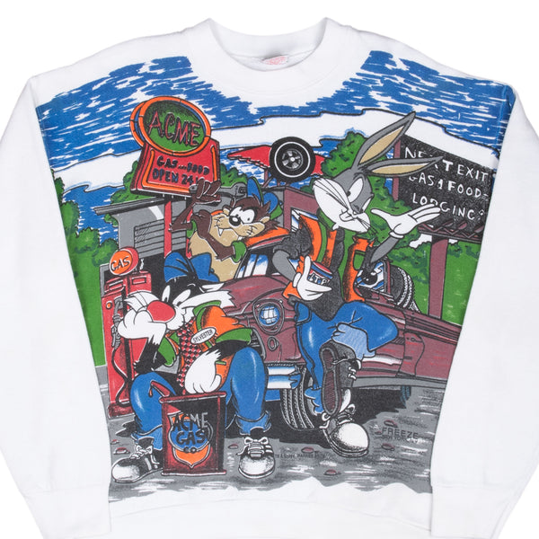 Vintage Looney Tunes Acme Gas All Over Print Sweatshirt 1994 Size Large Made In USA