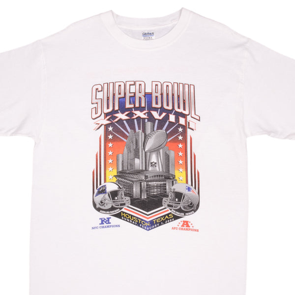 Vintage Nfl New England Patriots Vs Carolina Panthers Super Bowl XXXVIII Tee Shirt 2004 Size Large