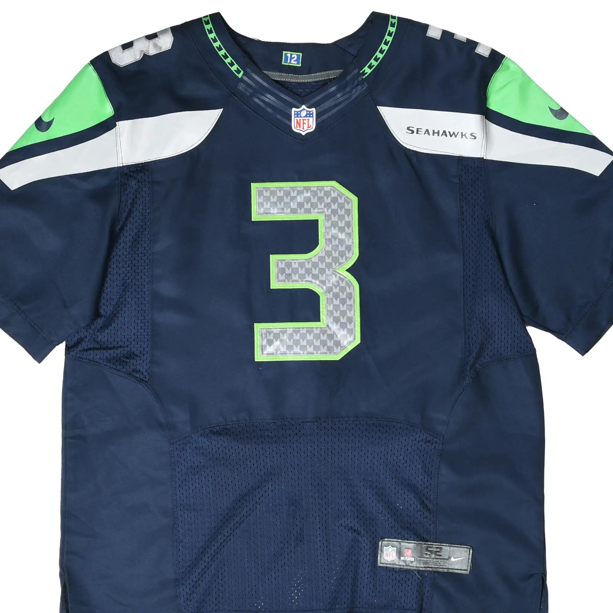 Front detail of navy Seattle Seahawks Russell Wilson Nike jersey with silver and green number 3