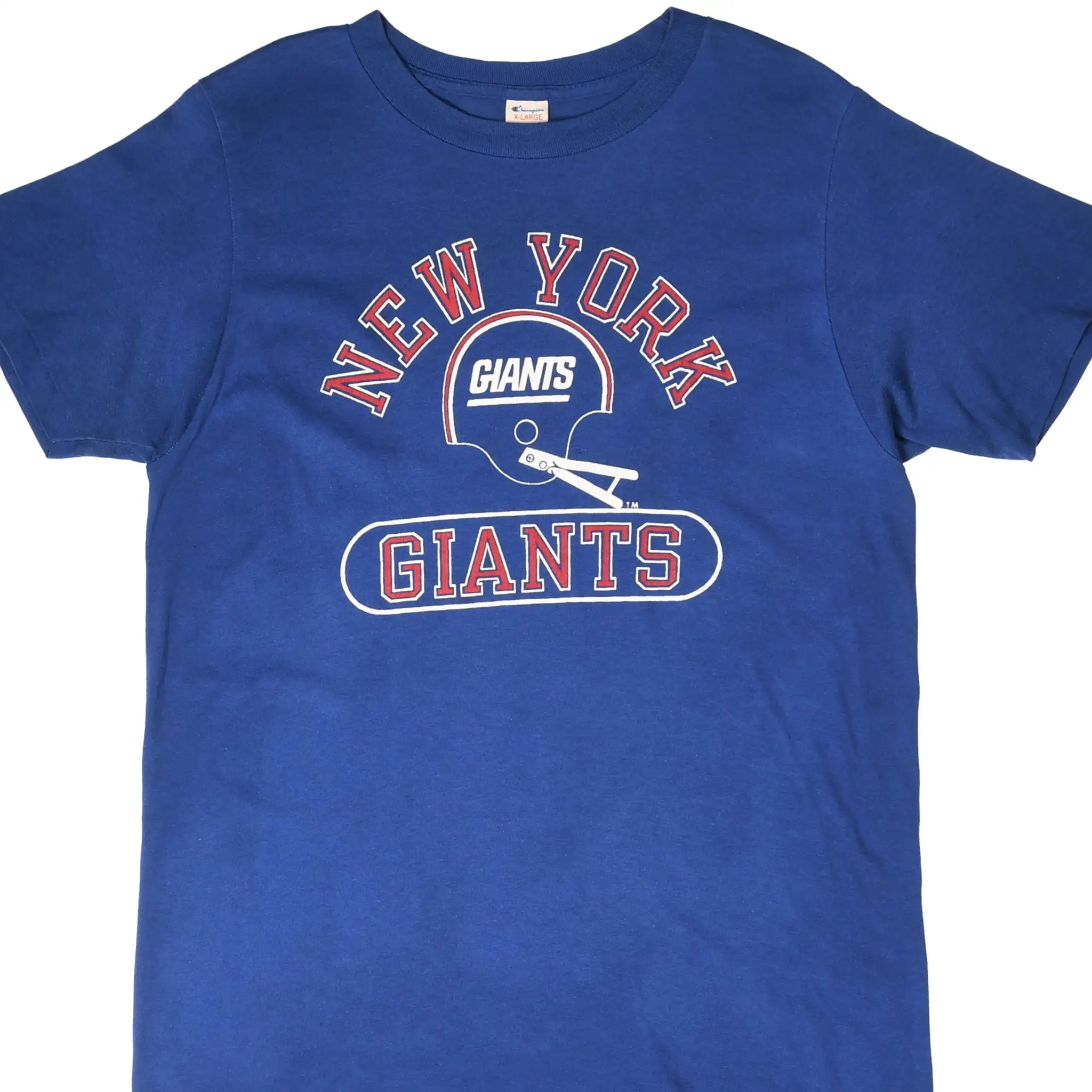 Front of blue Champion New York Giants T-shirt with helmet graphic and red-and-white lettering
