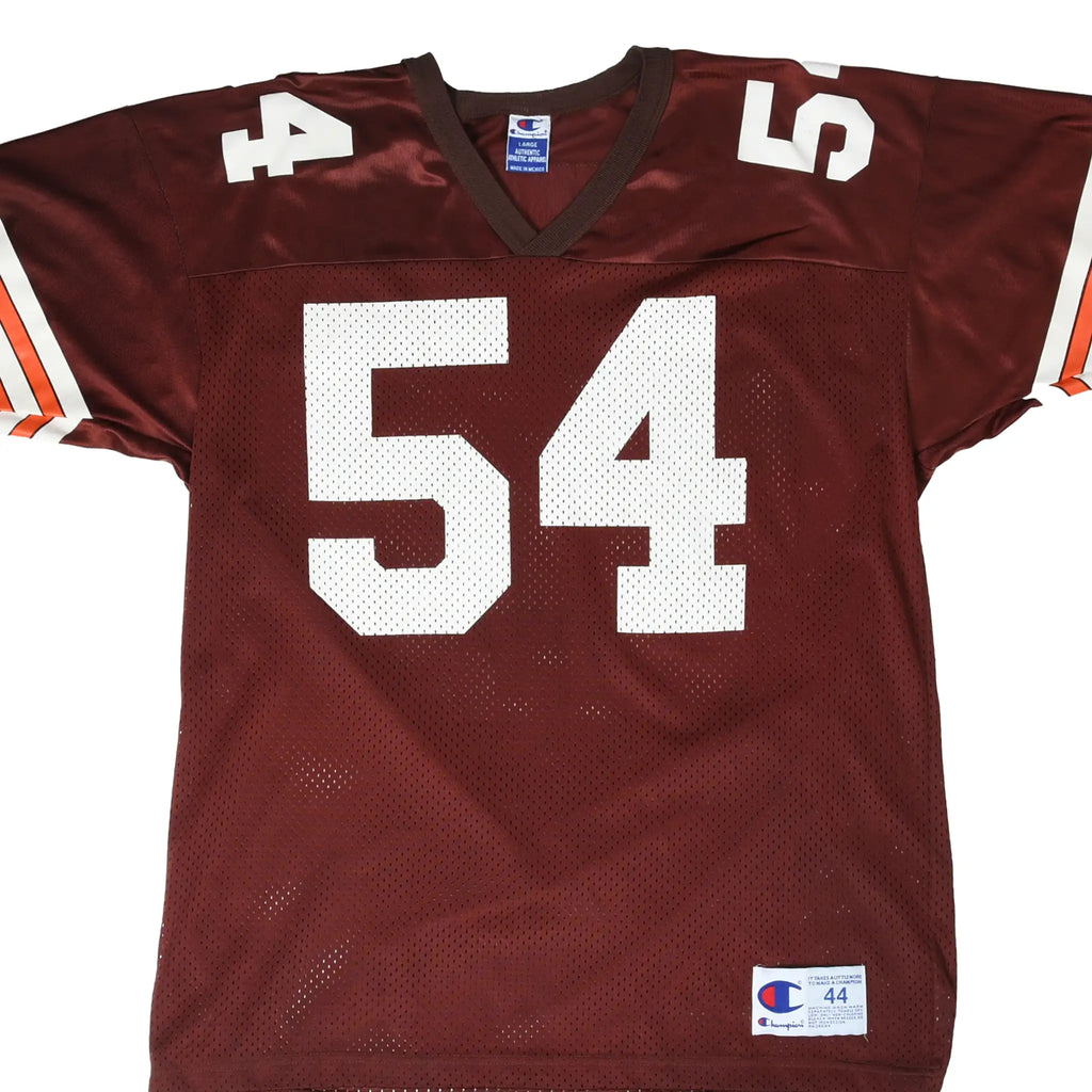 Front close-up of brown Cleveland Browns Champion jersey with white number 54