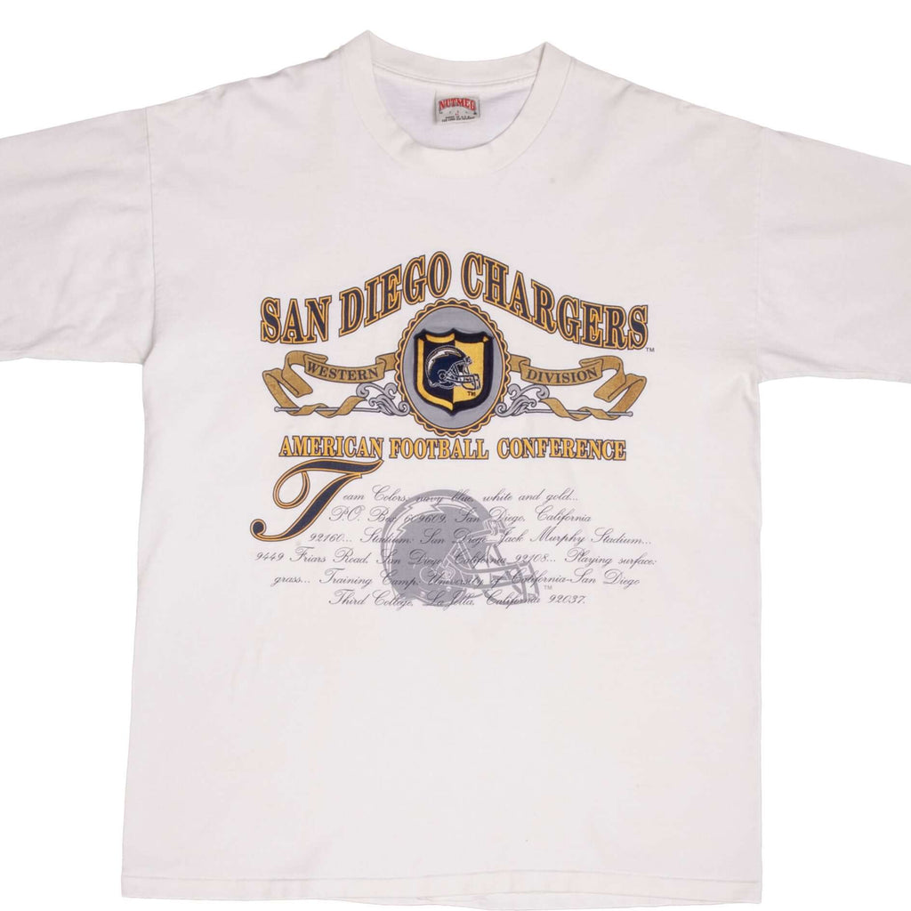 Vintage NFL San Diego Chargers Embroidered Nutmeg Tee Shirt 1990s Size XL Made In USA With Single Stitch Sleeves