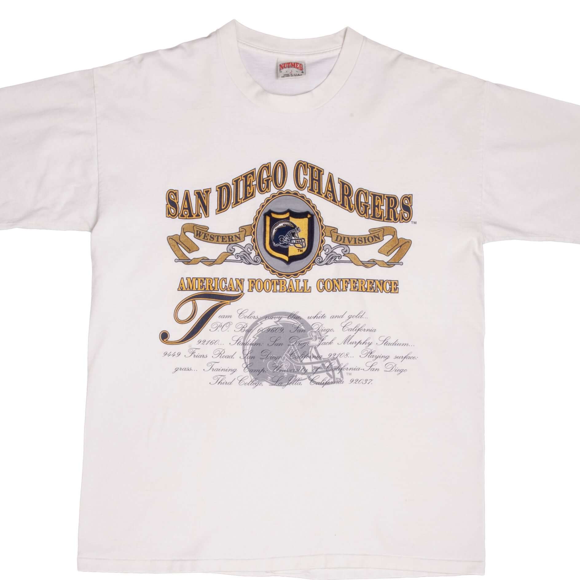 Vintage NFL San Diego Chargers Embroidered Nutmeg Tee Shirt 1990s Size XL Made In USA With Single Stitch Sleeves