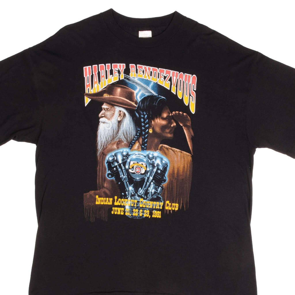 Vintage Harley Davidson Rendez Vous Tee Shirt June 21, 22 & 23 1991 Size Large Made In USA With Single Stitch Sleeves