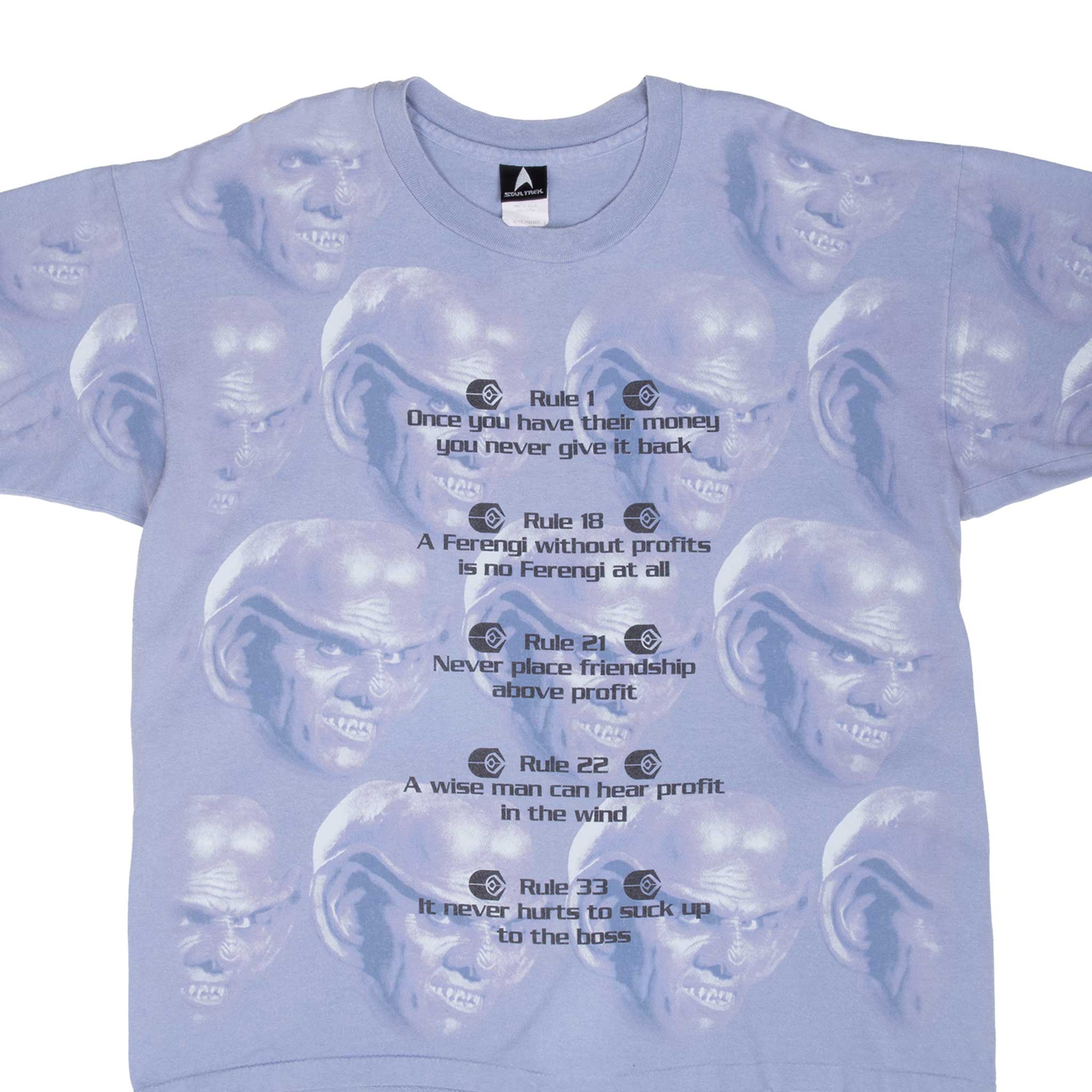 Vintage Star Trek Roles Of Acquisition All Over Print Tee Shirt 1990S Size Xl Made In Usa With Single Stitch Sleeves