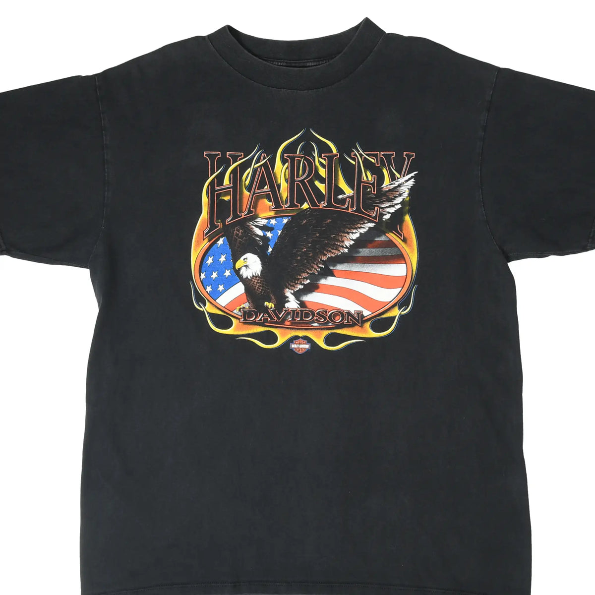 Front of black Harley-Davidson T-shirt with bald eagle, American flag, and flame graphic