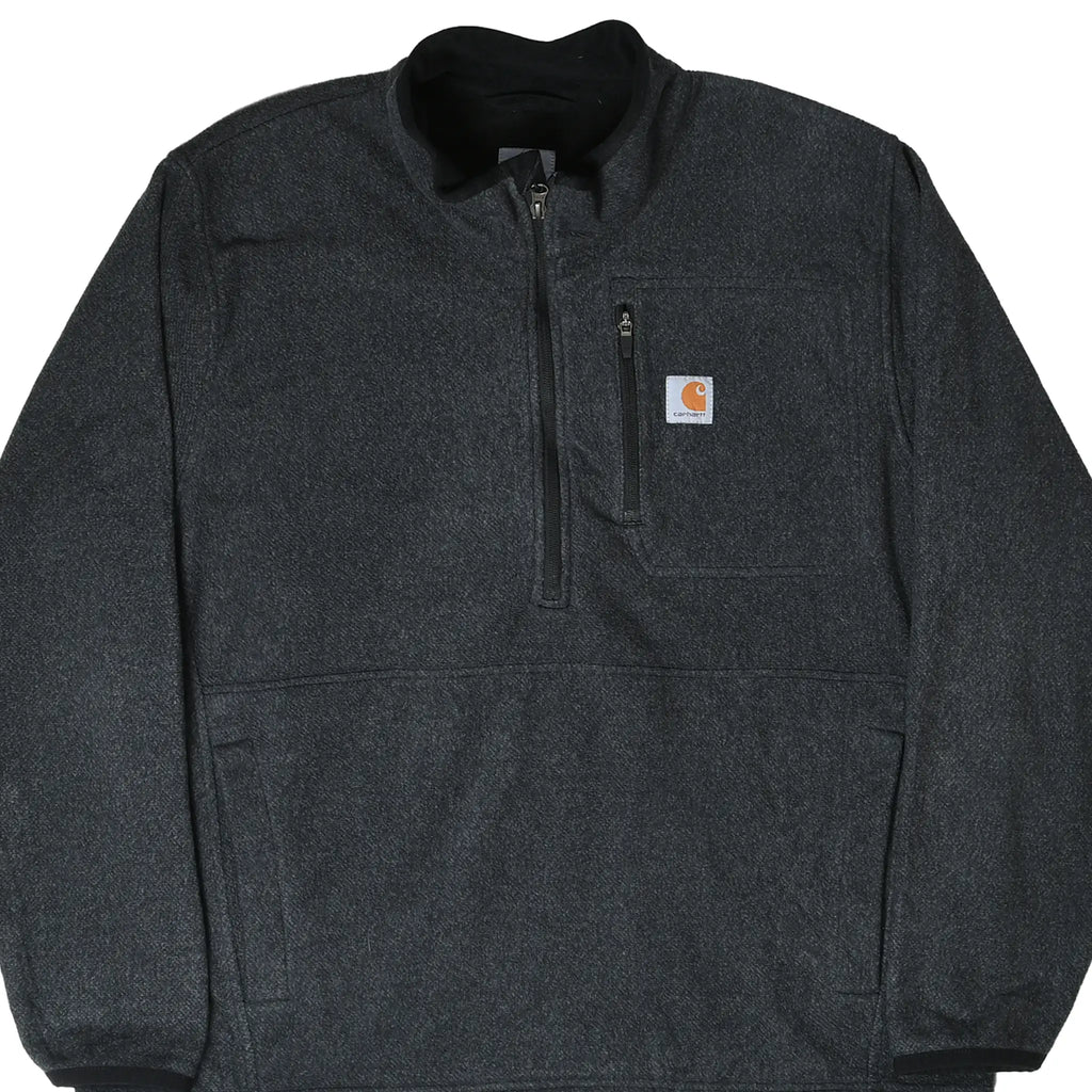 Front of dark grey Carhartt quarter-zip fleece jacket with chest zip pocket and logo patch