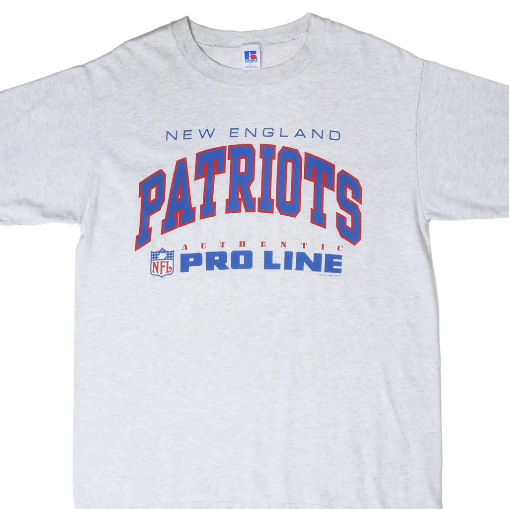 Front of grey New England Patriots T-shirt with blue and red NFL Pro Line graphic