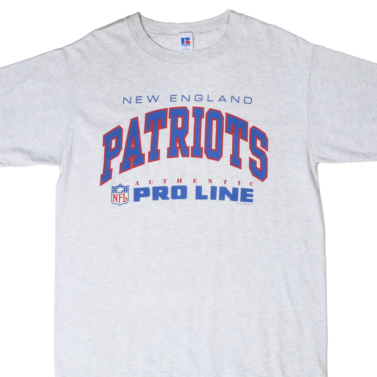 Front of grey New England Patriots T-shirt with blue and red NFL Pro Line graphic