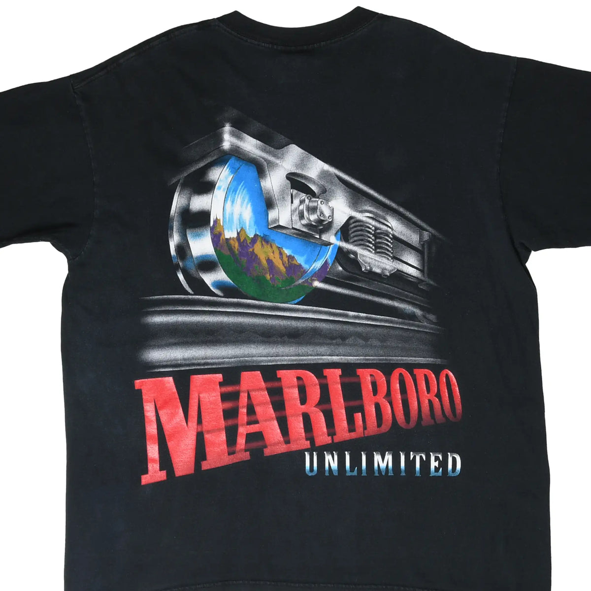 Back of black Marlboro Unlimited T-shirt with train, mountain scene, and red logo graphic