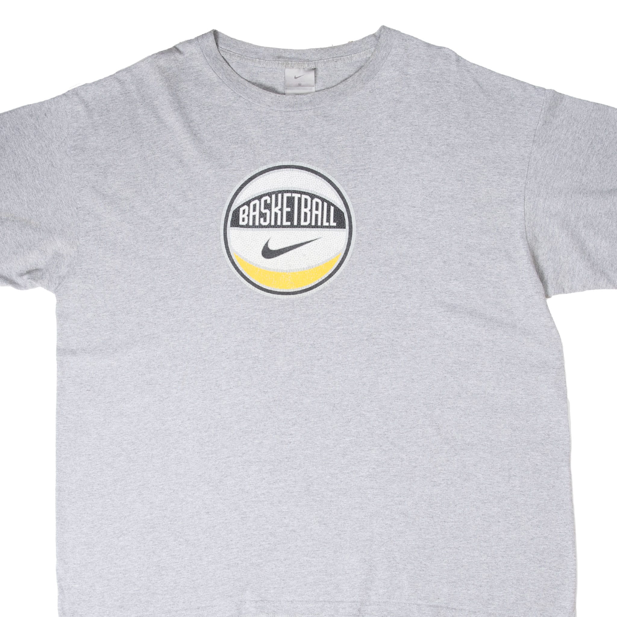 Front of grey Nike T-shirt with centered Basketball Swoosh graphic