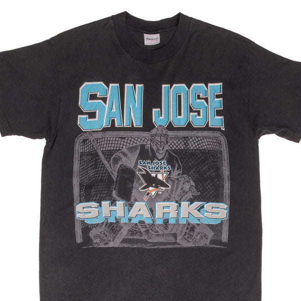 Vintage NHL San Jose Sharks Tee Shirt 1990s Size Medium With Single Stitch Sleeves. Made In USA. Stedman 