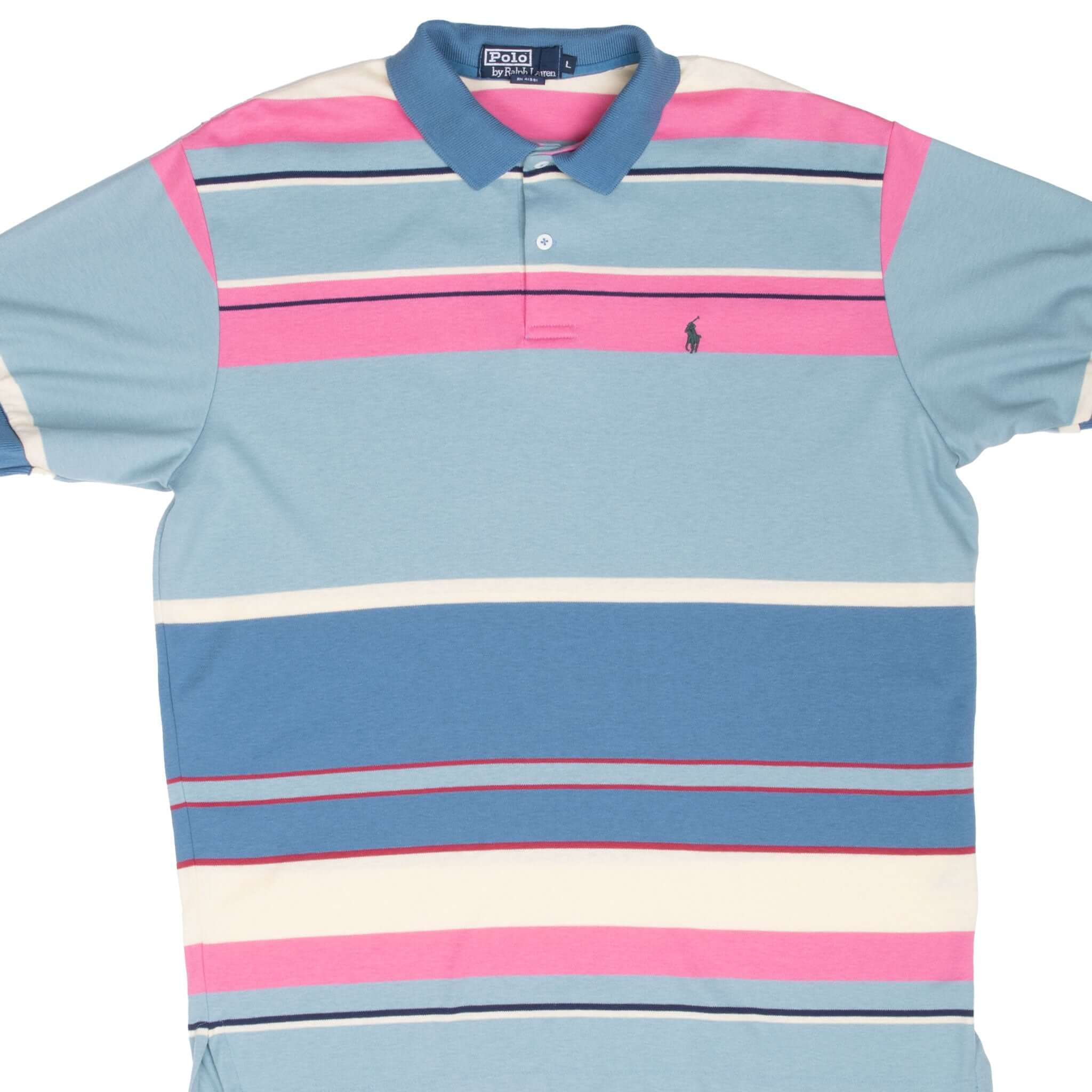 Vintage Ralph Lauren Pink & Blue Striped Polo Shirt 1990S Size Large Made In Usa