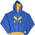 Front view of blue Los Angeles Rams hoodie with gold-lined hood, chest crest, and striped hem