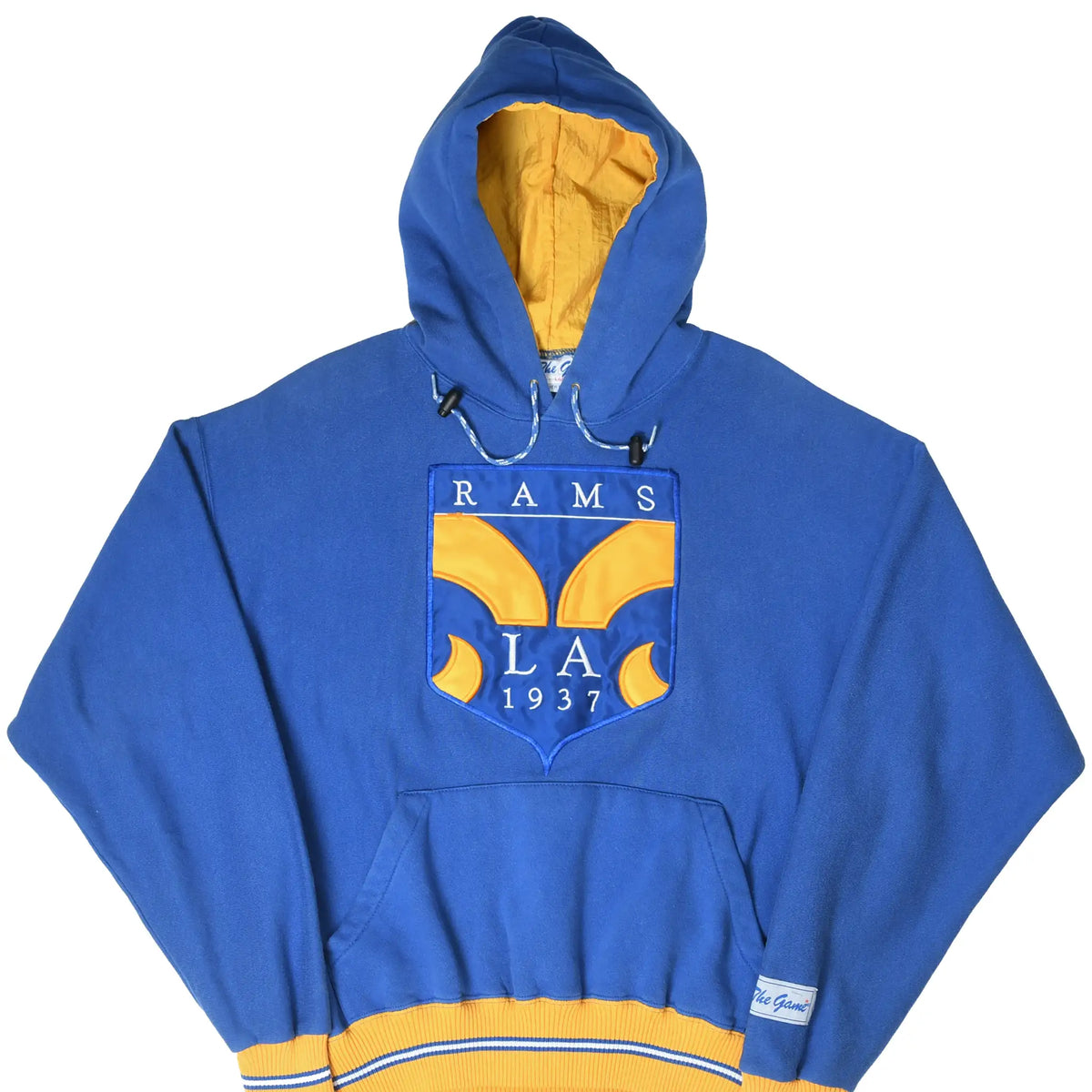 Front view of blue Los Angeles Rams hoodie with gold-lined hood, chest crest, and striped hem