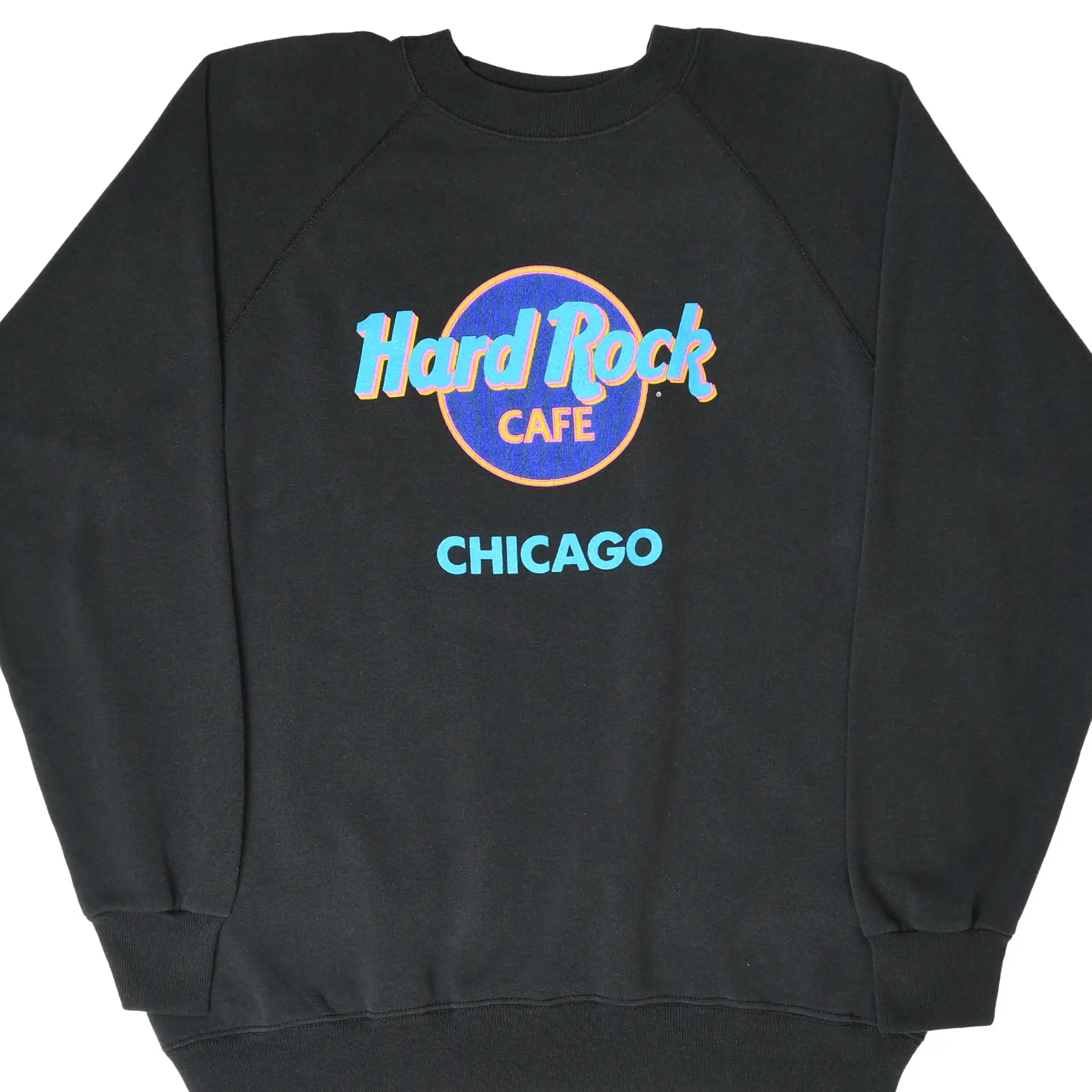 Front of black Hard Rock Cafe Chicago sweatshirt with colorful chest logo