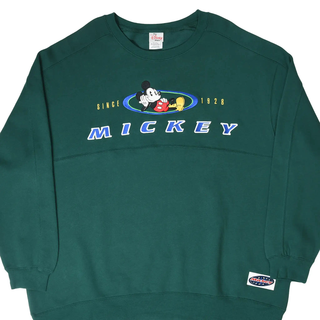 Front of dark green Disney sweatshirt with embroidered Mickey Mouse and MICKEY lettering