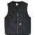 Front of faded black Carhartt zip vest with sherpa lining and patch pockets