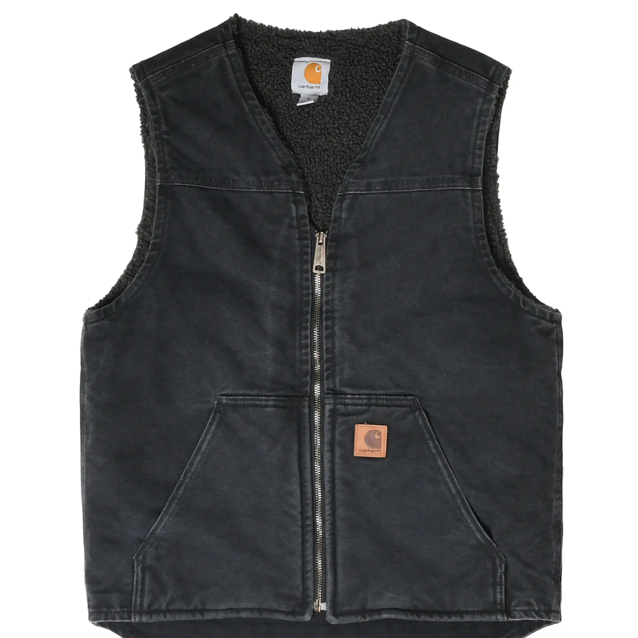 Front of faded black Carhartt zip vest with sherpa lining and patch pockets