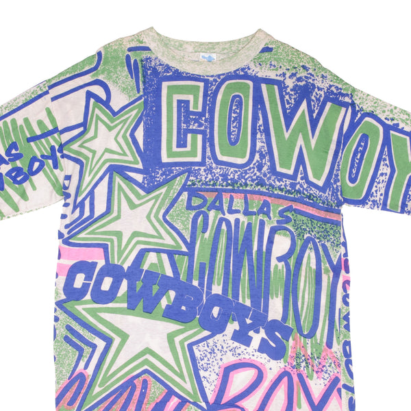 Vintage Nfl Dallas Cowboys All Over Print Tee Shirt 1990S Size Large With Single Stitch Sleeves