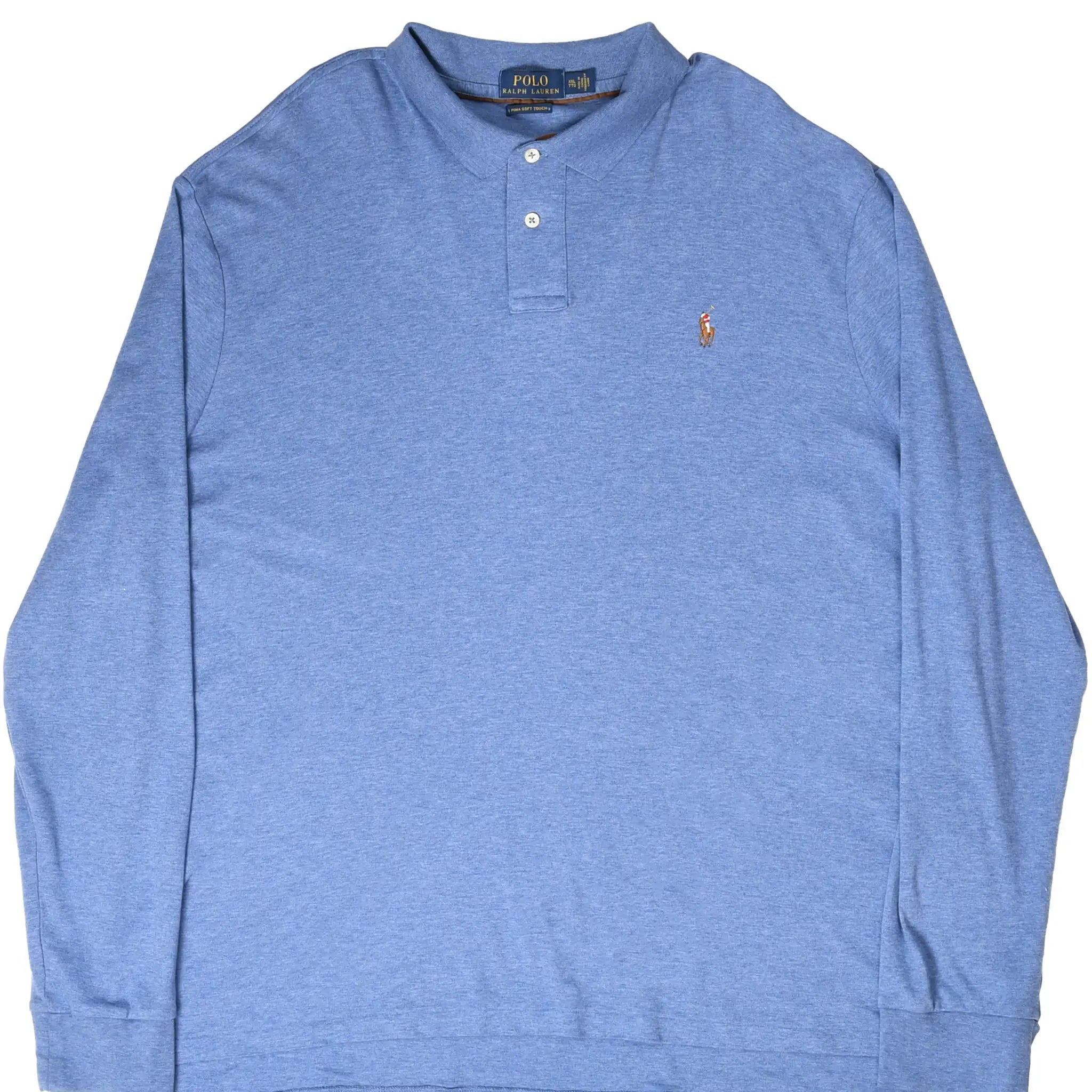 Front of blue Polo Ralph Lauren long-sleeve polo shirt with embroidered pony logo