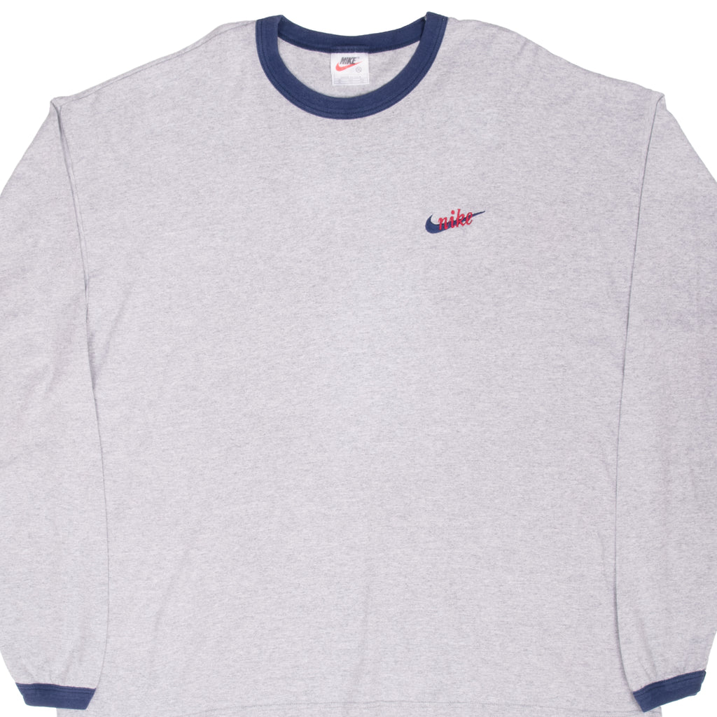 Vintage Nike Swoosh Grey Long Sleeve Ringer Tee Shirt 1990S Size 2XL Made In Usa