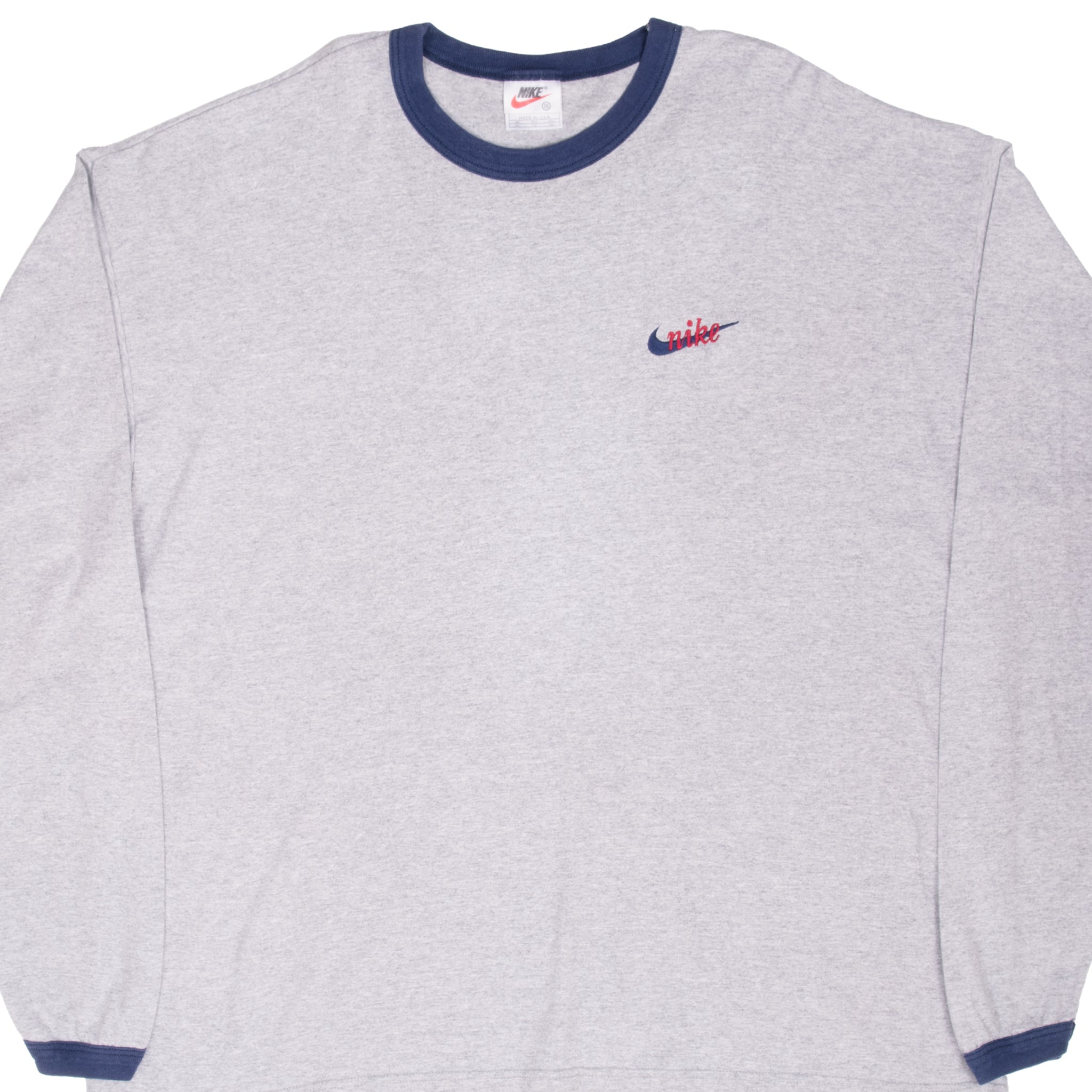 Vintage Nike Swoosh Grey Long Sleeve Ringer Tee Shirt 1990S Size 2XL Made In Usa