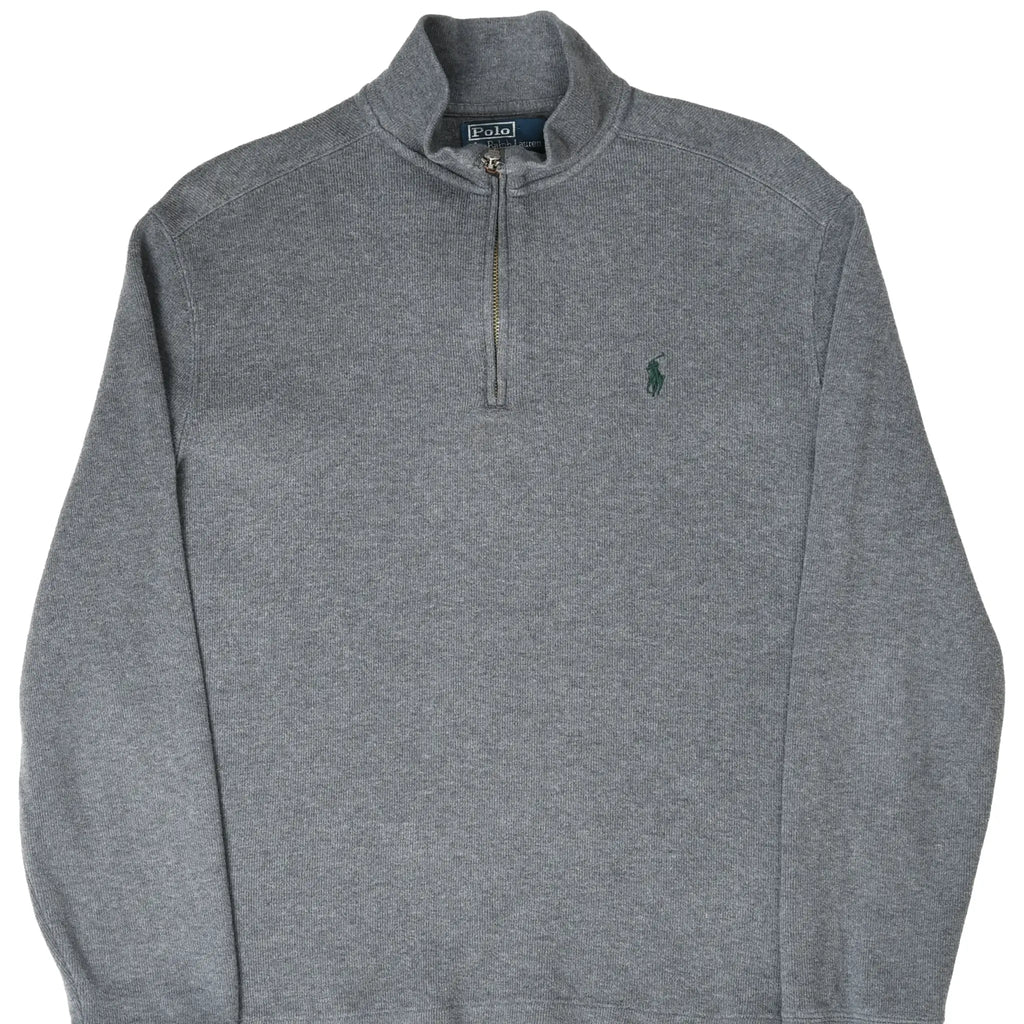 Front of dark grey Polo Ralph Lauren quarter-zip sweater with green pony embroidery