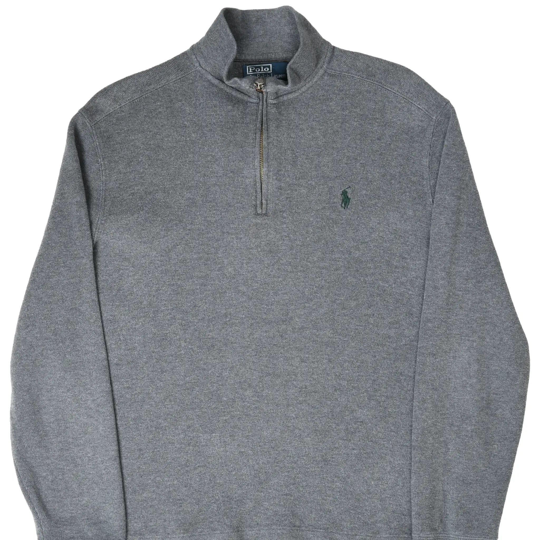 Front of dark grey Polo Ralph Lauren quarter-zip sweater with green pony embroidery