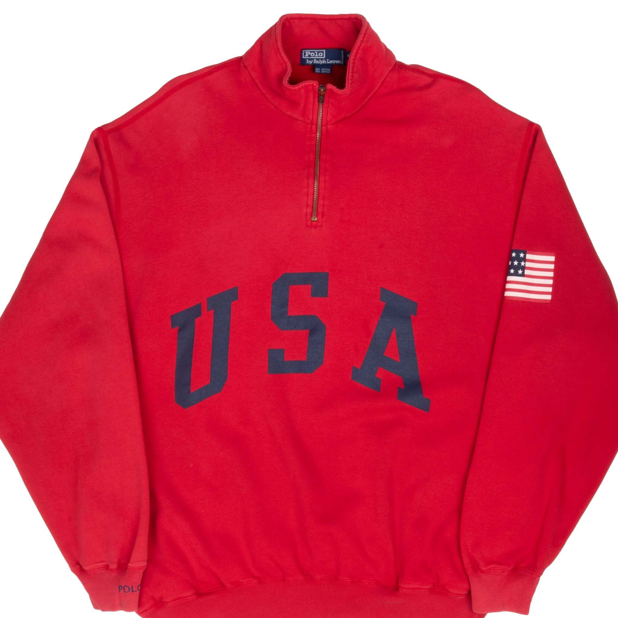 Vintage Ralph Lauren Usa Red Quarter Zip Sweatshirt 1990S Size XL