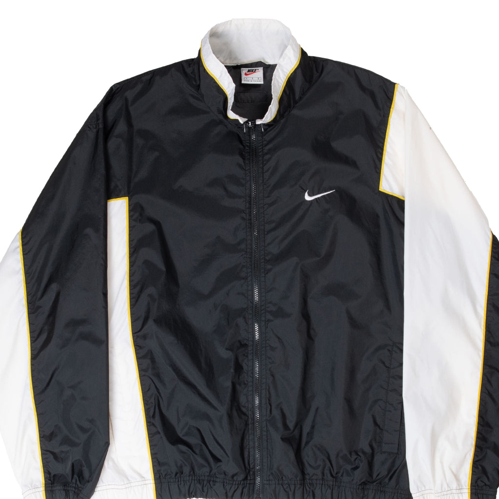 VINTAGE NIKE SWOOSH BLACK WHITE AND YELLOW WINDBREAKER JACKET 1990S LARGE