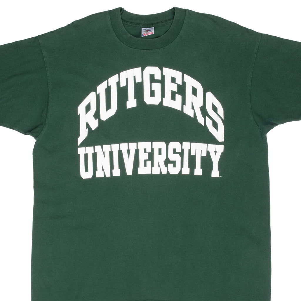 Vintage Rutgers University Green Tee Shirt 1990S Size XL Made In Usa With Single Stitch Sleeves