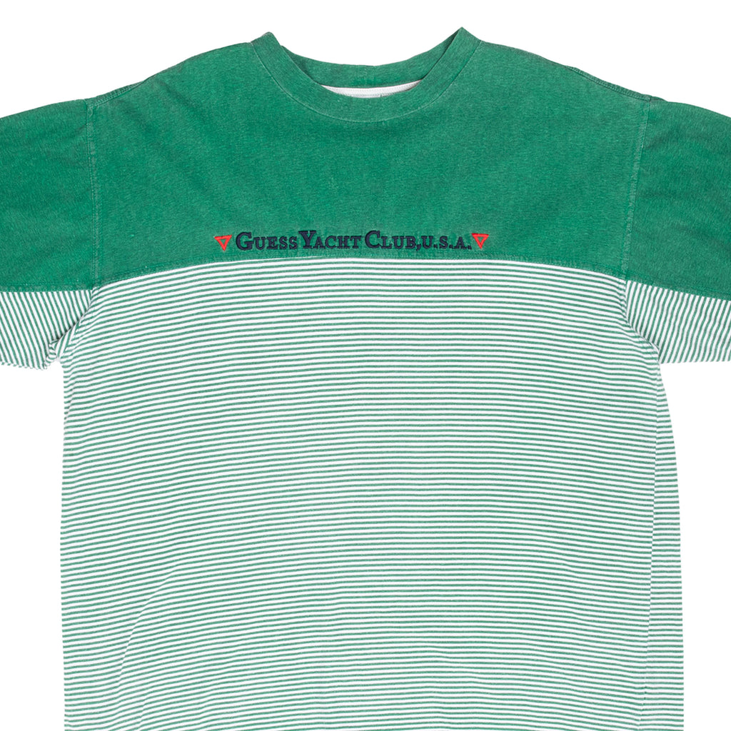 Vintage Guess Yacht Club Usa Green Striped Tee Shirt 1990S Size XL Made In Usa