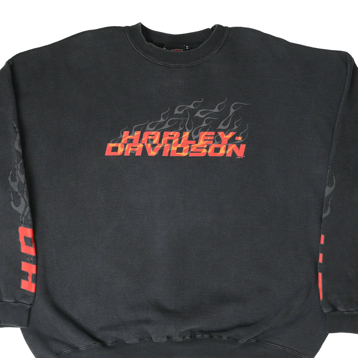 Front of black Harley-Davidson sweatshirt with red logo, gray flames, and sleeve graphics