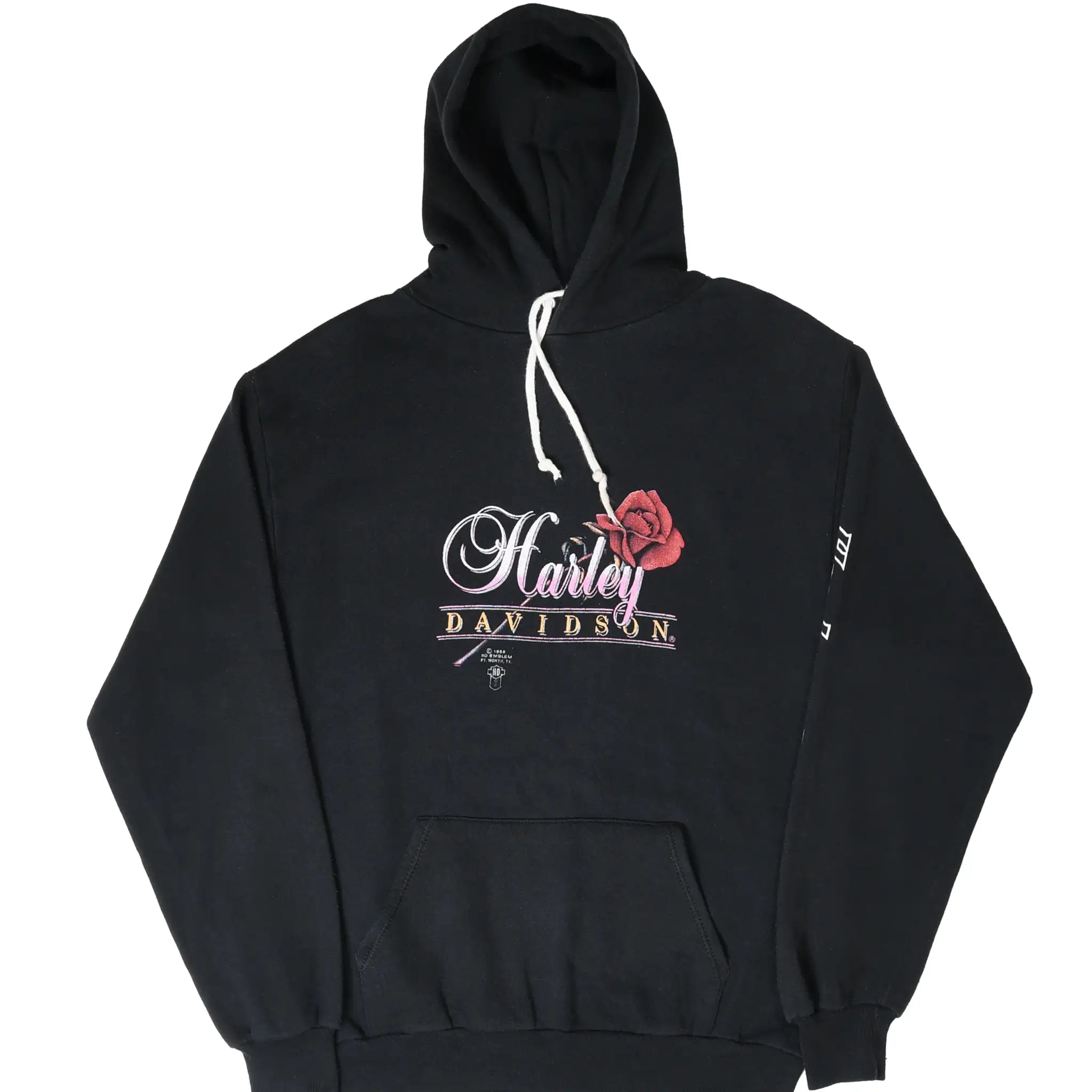 Front of black Harley-Davidson hoodie with rose logo, white drawstrings and pouch pocket