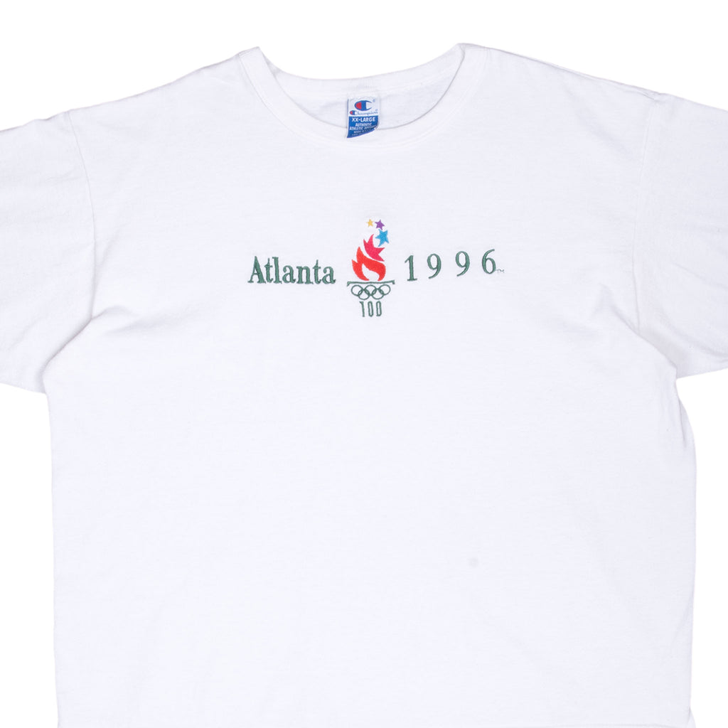 Vintage Champion Atlanta Olympics 1996 White Tee Shirt Size 2XL Made In Usa With Single Stitch Sleeves