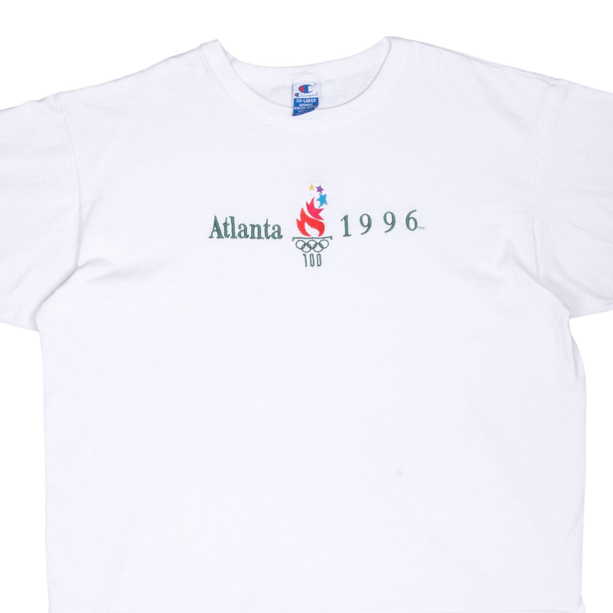 Vintage Champion Atlanta Olympics 1996 White Tee Shirt Size 2XL Made In Usa With Single Stitch Sleeves
