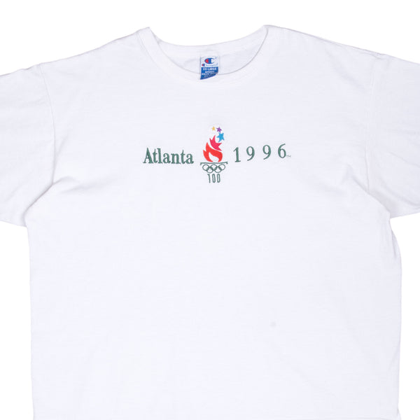 Vintage Champion Atlanta Olympics 1996 White Tee Shirt Size 2XL Made In Usa With Single Stitch Sleeves