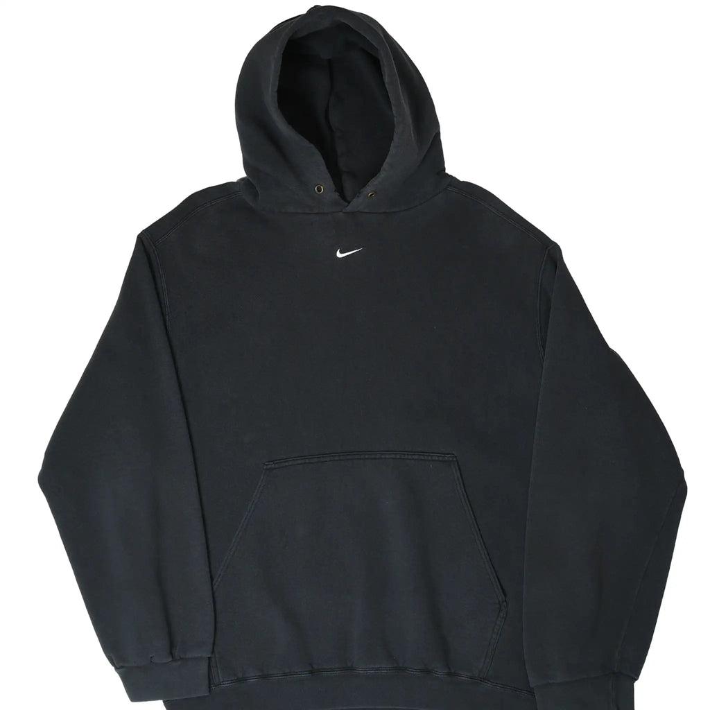 Front of black Nike pullover hoodie with small white center Swoosh and kangaroo pocket