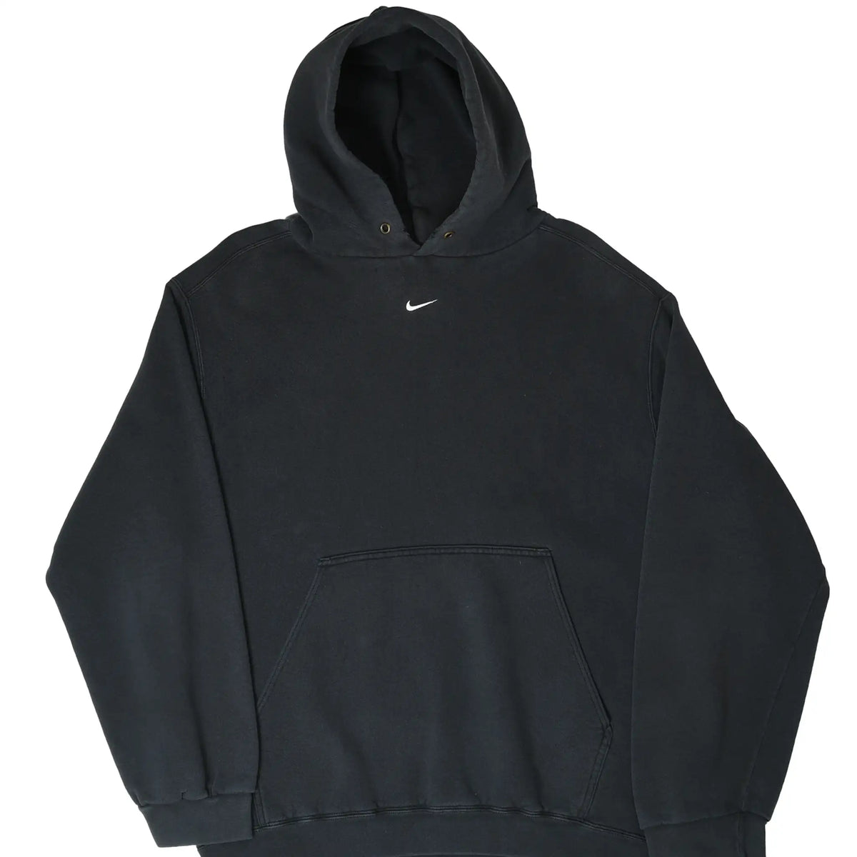 Front of black Nike pullover hoodie with small white center Swoosh and kangaroo pocket