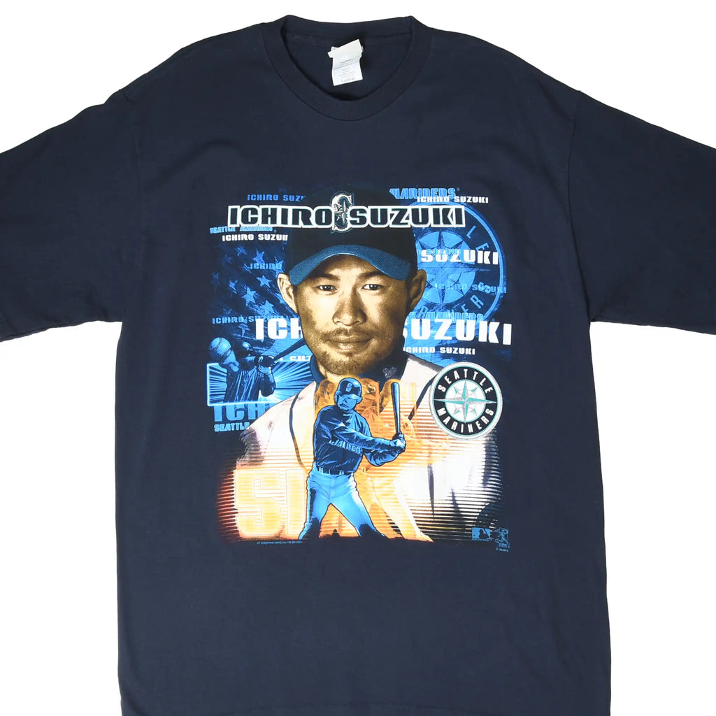 Front of navy Seattle Mariners T-shirt with large Ichiro Suzuki baseball graphic