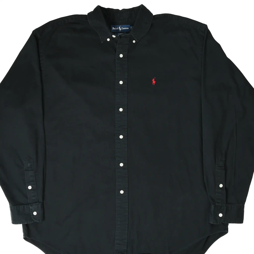 Front of Ralph Lauren black long-sleeve button-down shirt with red pony embroidery