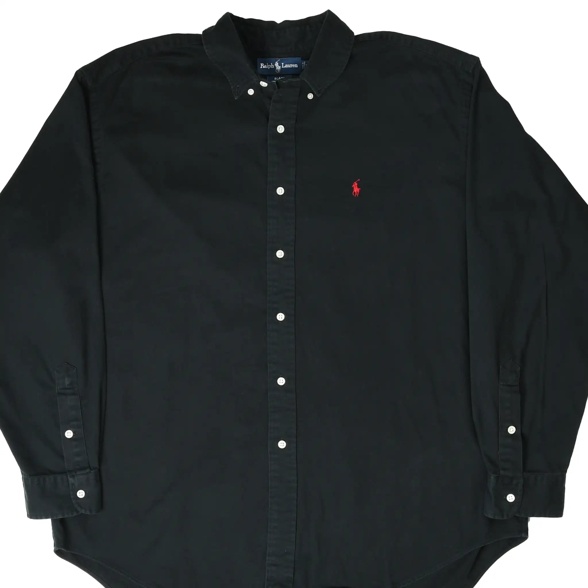 Front of Ralph Lauren black long-sleeve button-down shirt with red pony embroidery
