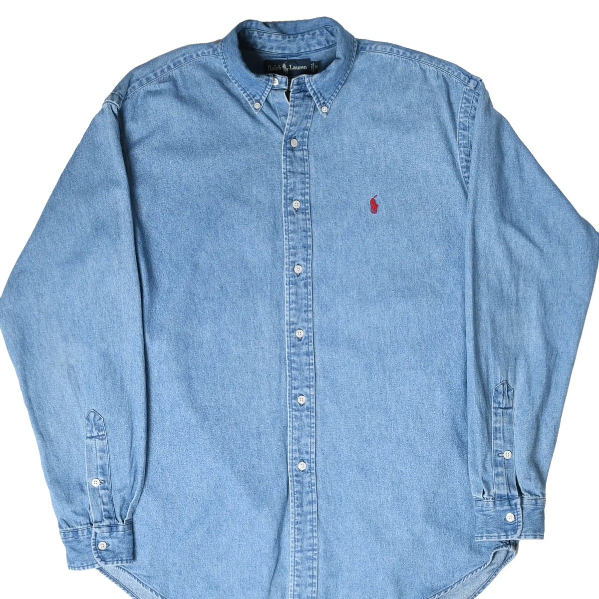Front of Polo Ralph Lauren blue denim button-down shirt with red pony embroidery
