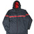 Front of black Nike hooded windbreaker with red chest and sleeve stripe and white piping