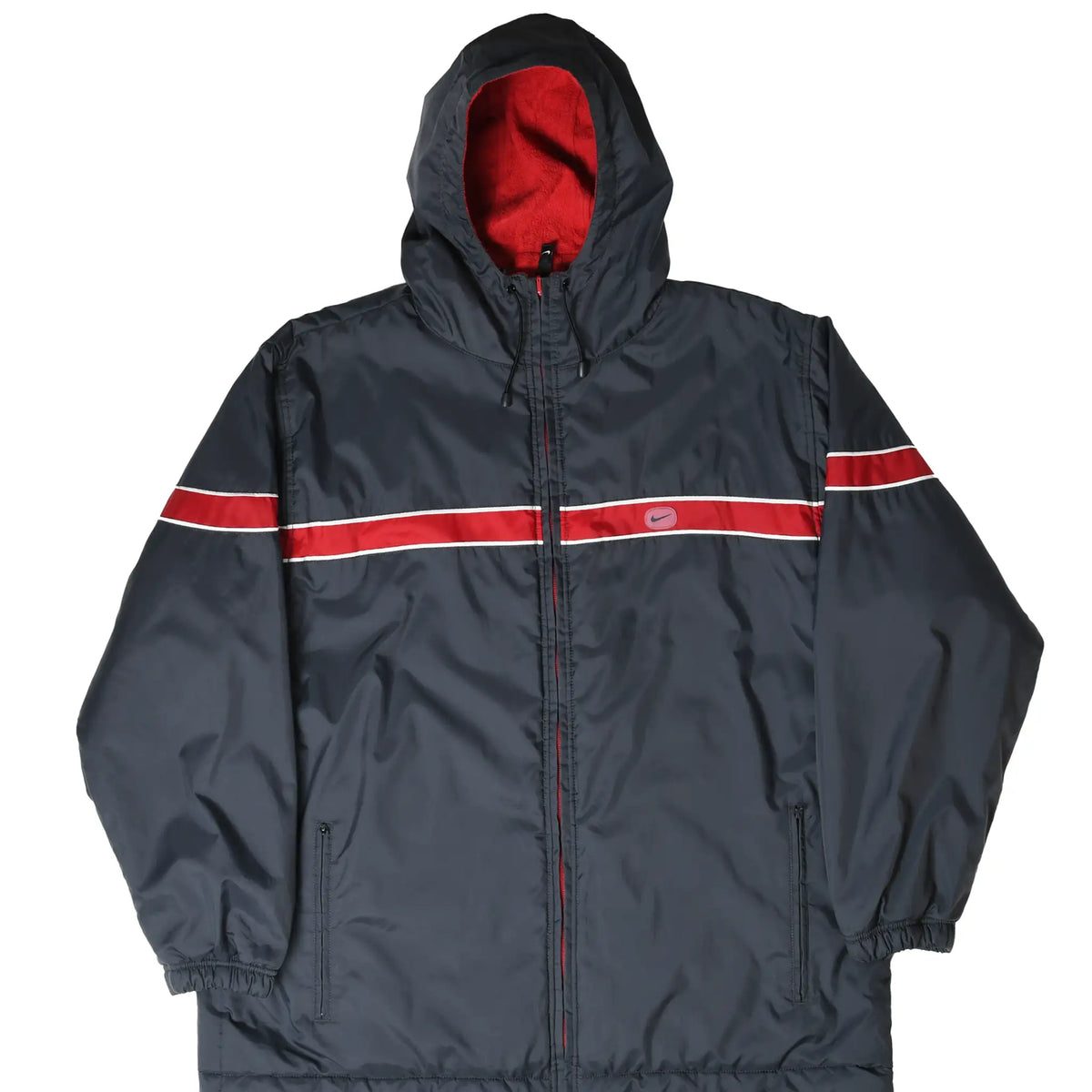 Front of black Nike hooded windbreaker with red chest and sleeve stripe and white piping