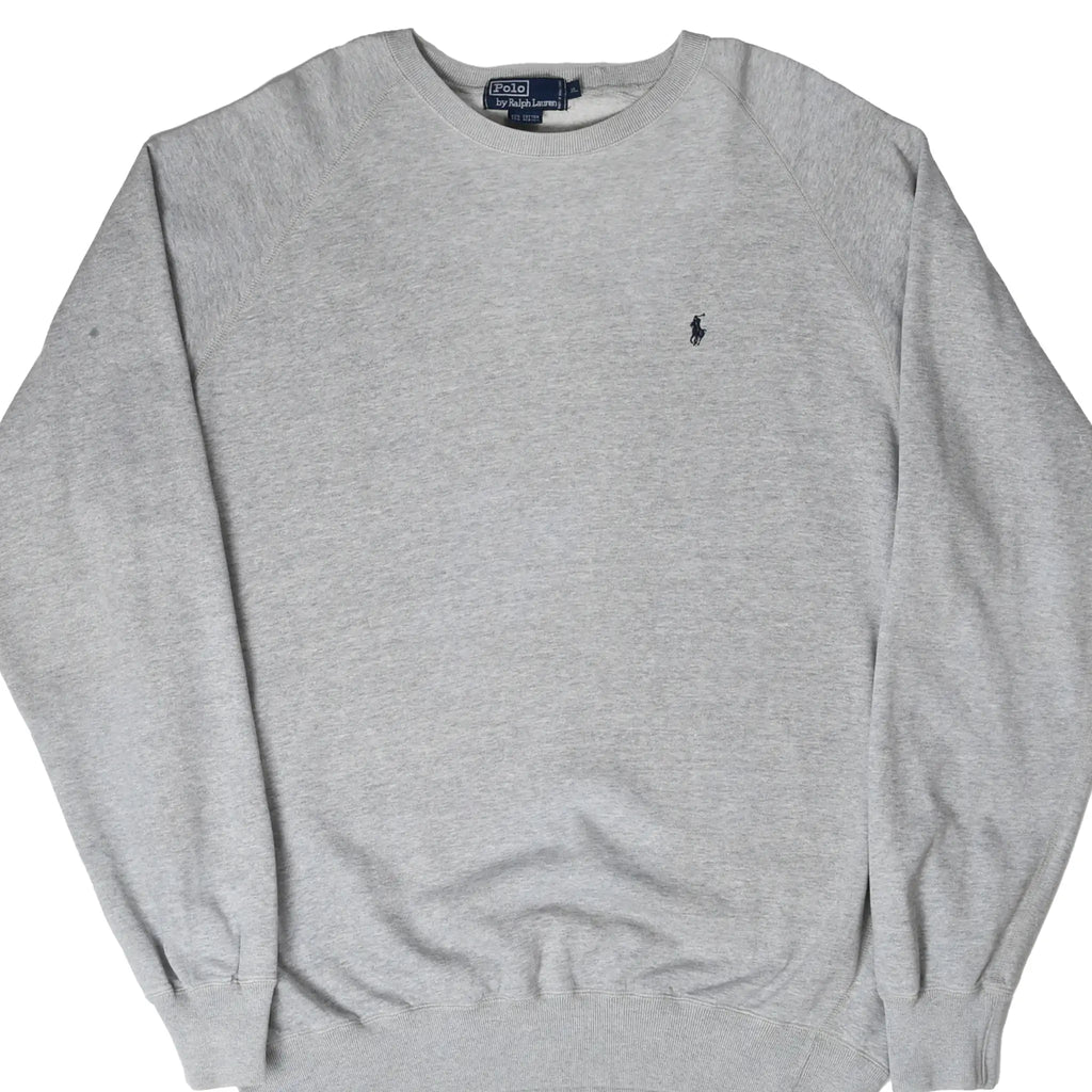 Front of grey Polo Ralph Lauren crewneck sweatshirt with navy embroidered pony logo