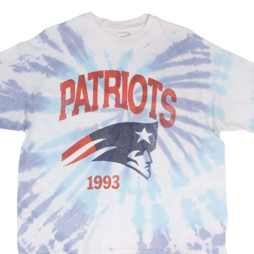 Vintage Tie Dye NFL New England Patriots Tee Shirt 1993 Size XL Made In USA With Single Stitch Sleeves.