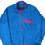 Front of blue Patagonia half-zip fleece pullover with magenta trim and snap chest pocket