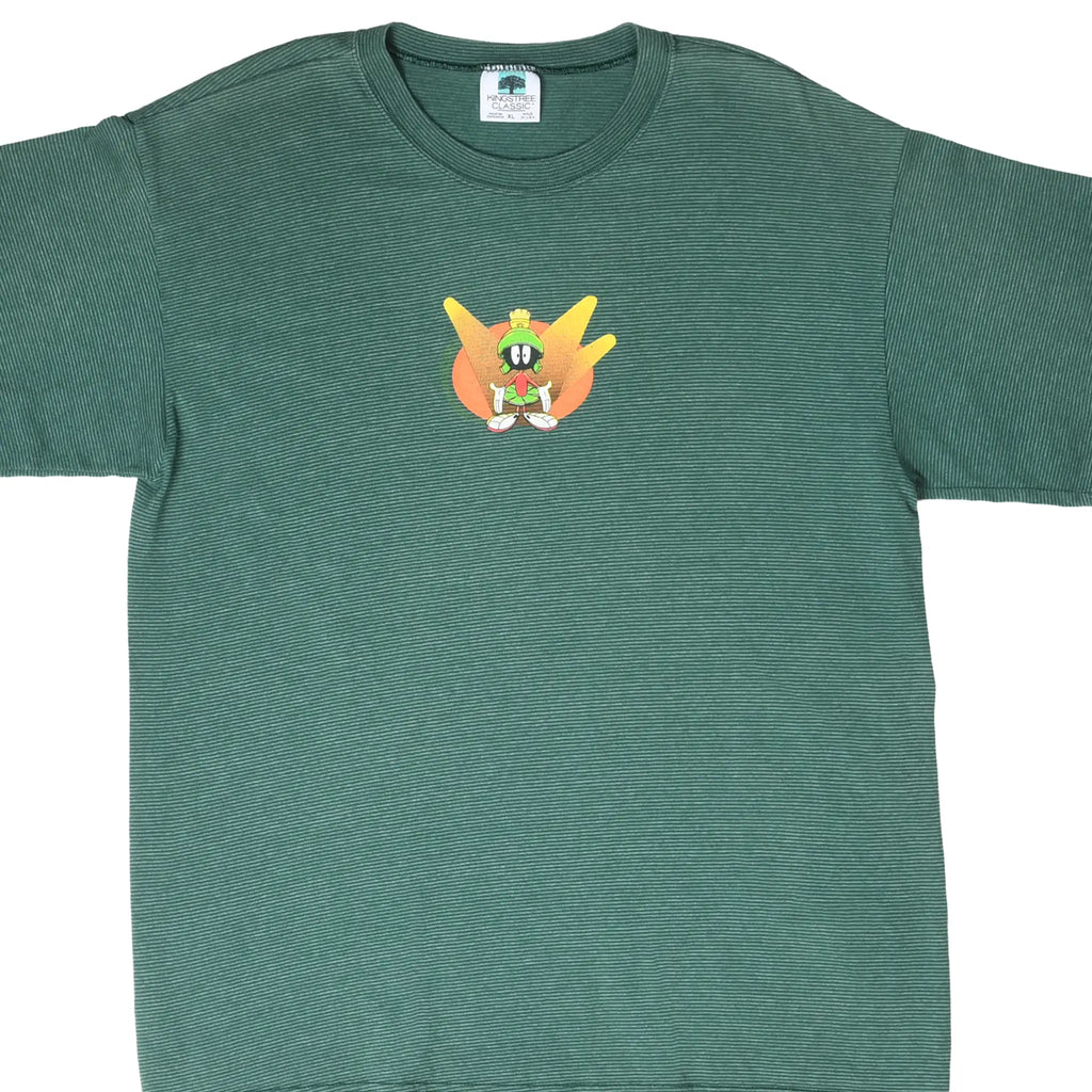Front of green striped T-shirt with Marvin the Martian chest graphic